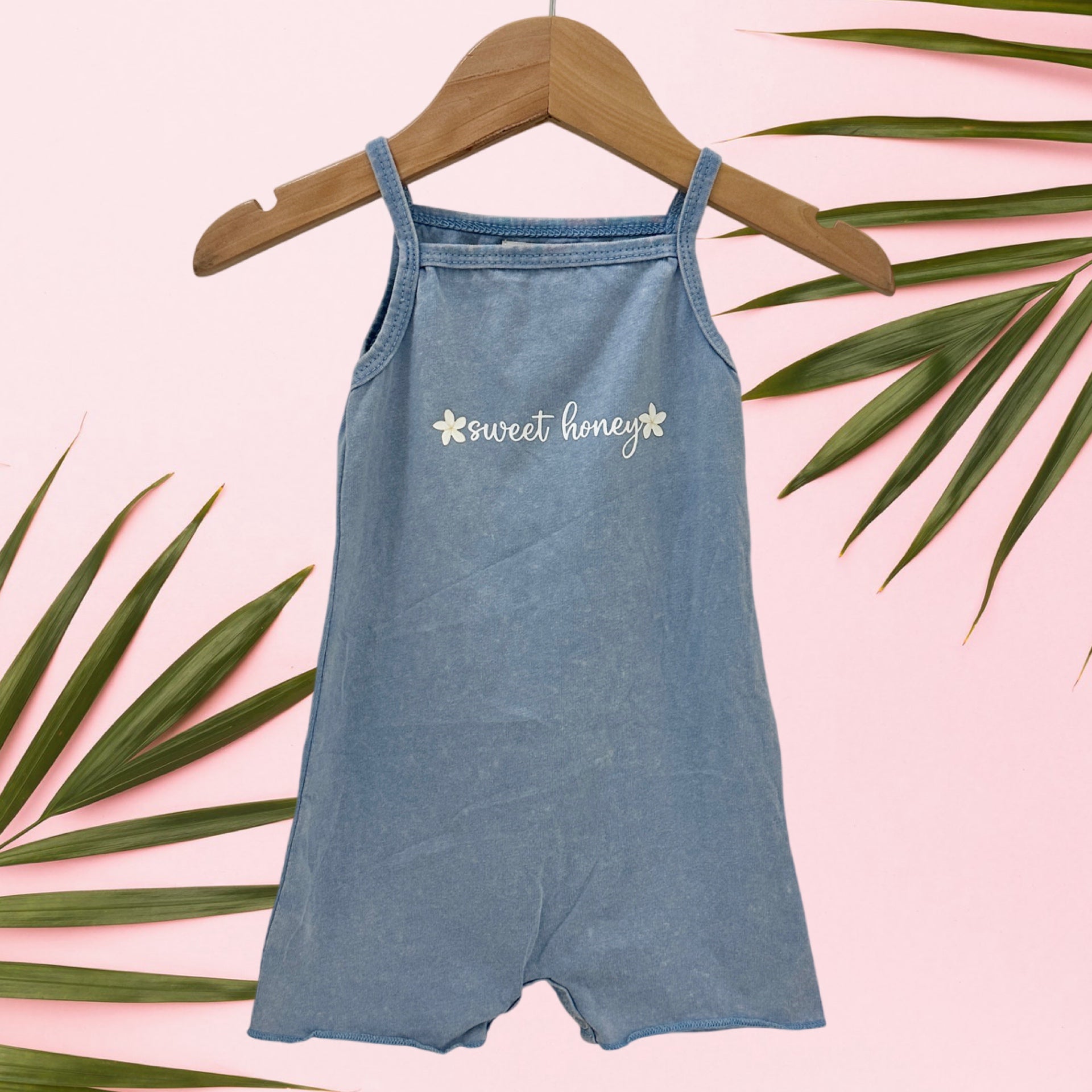 Blue acid Wash Sweet honey logo thin strap Romper - Sweet Sweet Honey Hawaii