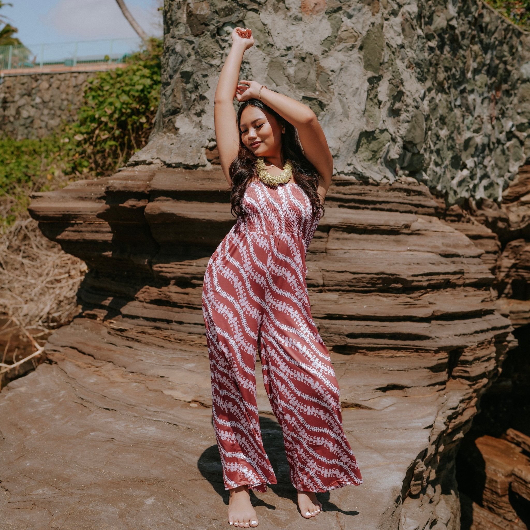 Brick Puakenikeni lei Taylor Jumpsuit - Sweet Sweet Honey Hawaii