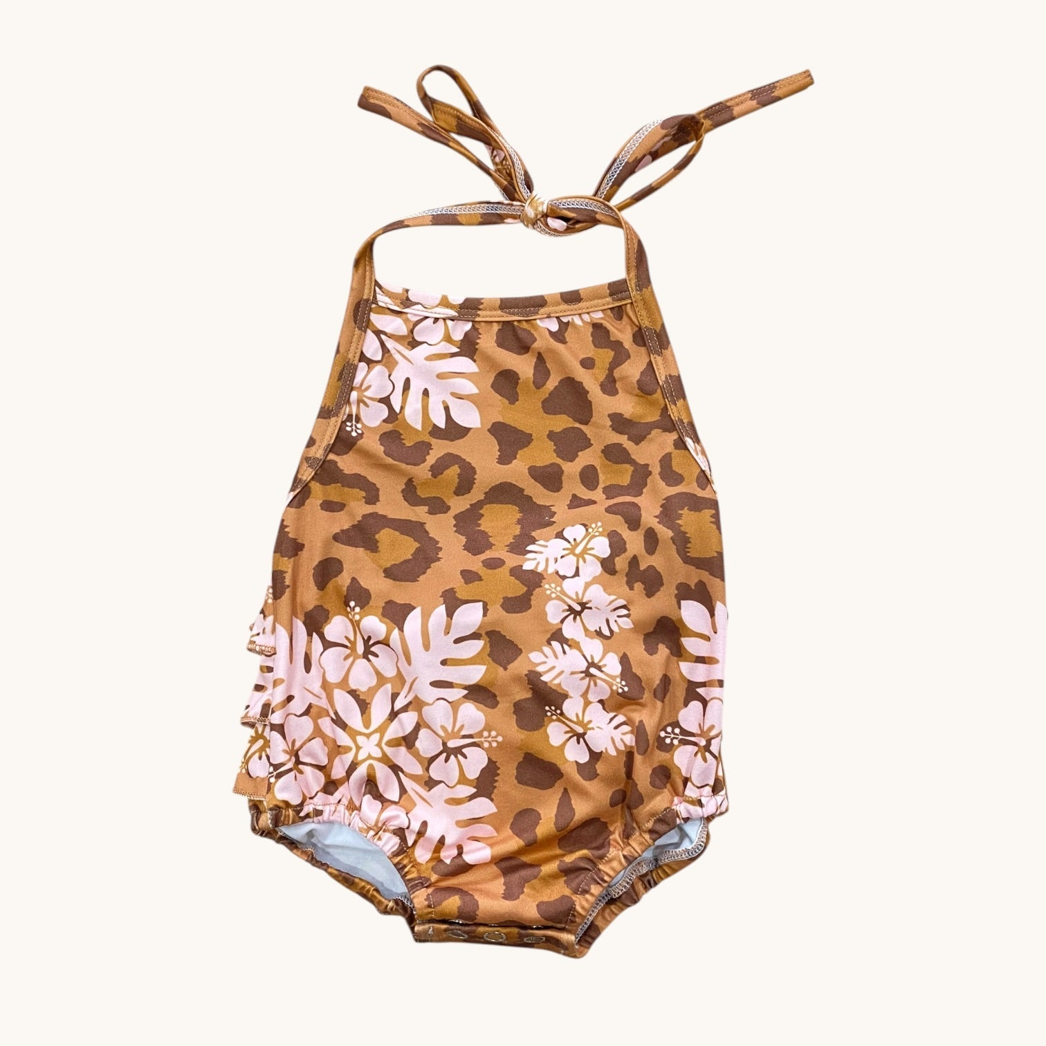 Cheetah Hibiscus Quilt Ruffle Halter Romper - Sweet Sweet Honey Hawaii