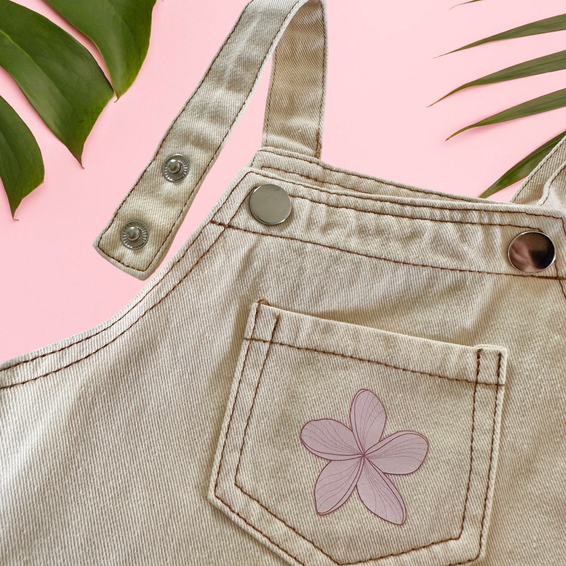 Cream Pink plumeria denim romper - Sweet Sweet Honey Hawaii