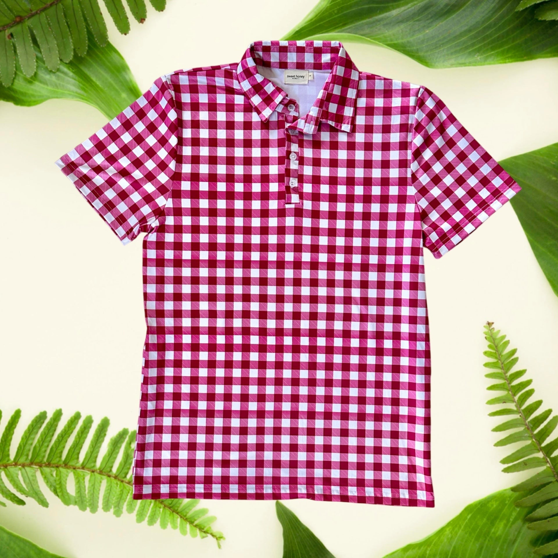 Magenta Gingham Men's Collared Shirt - Sweet Sweet Honey Hawaii
