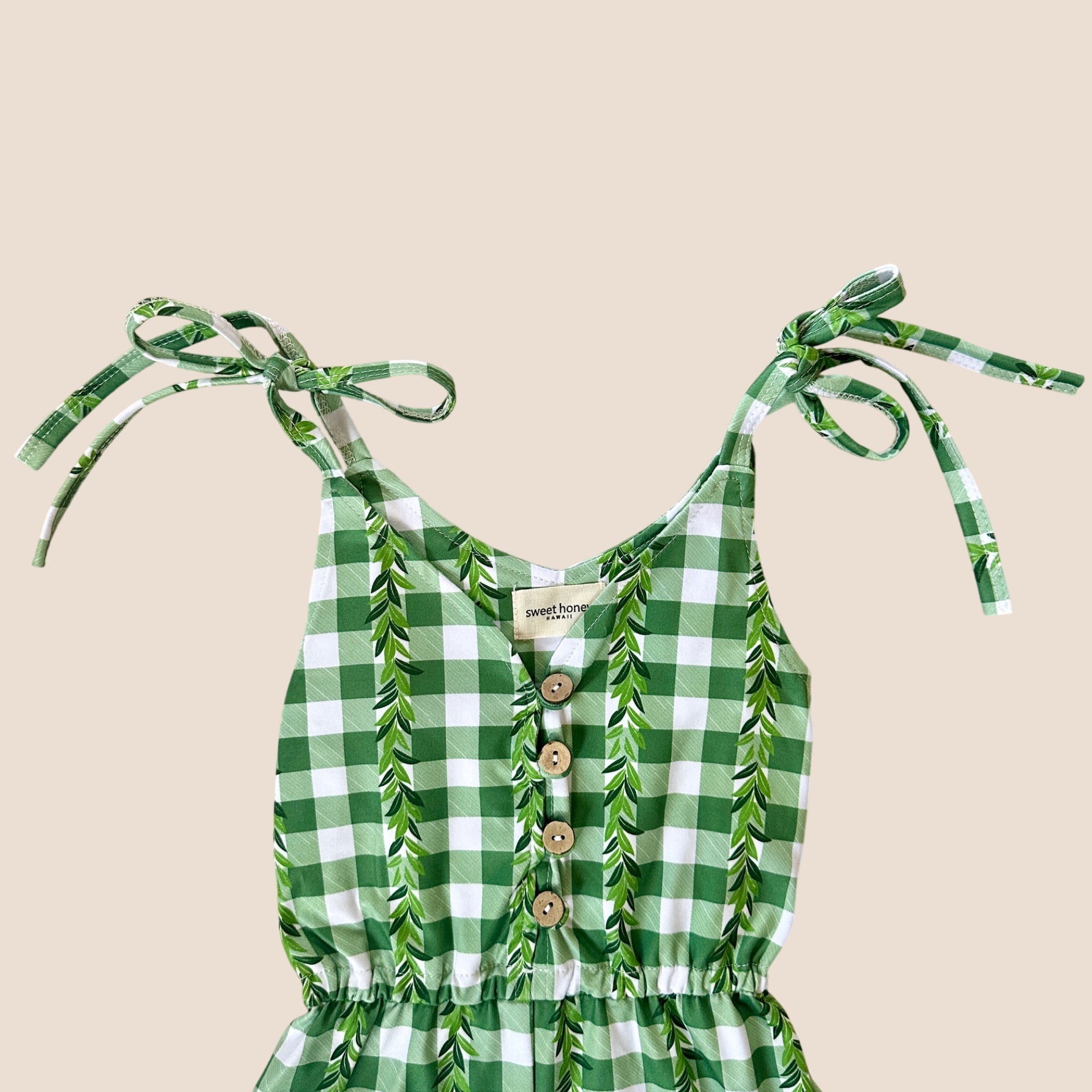 Maile lei Palaka Shoulder Tie Romper - Sweet Sweet Honey Hawaii