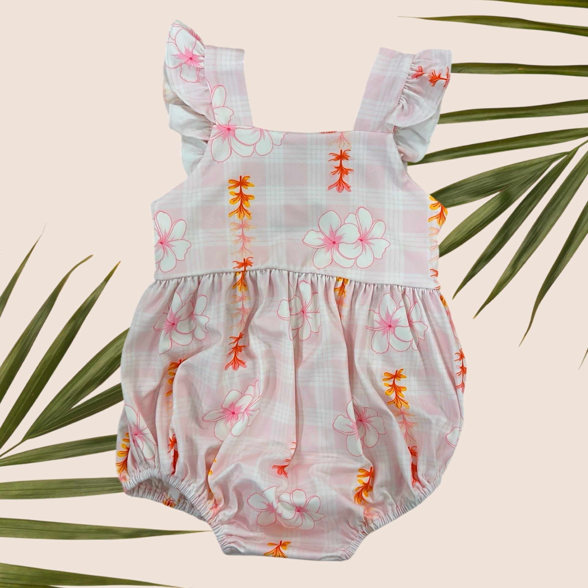 Pink Plumeria Palaka Emma onesie - Sweet Sweet Honey Hawaii