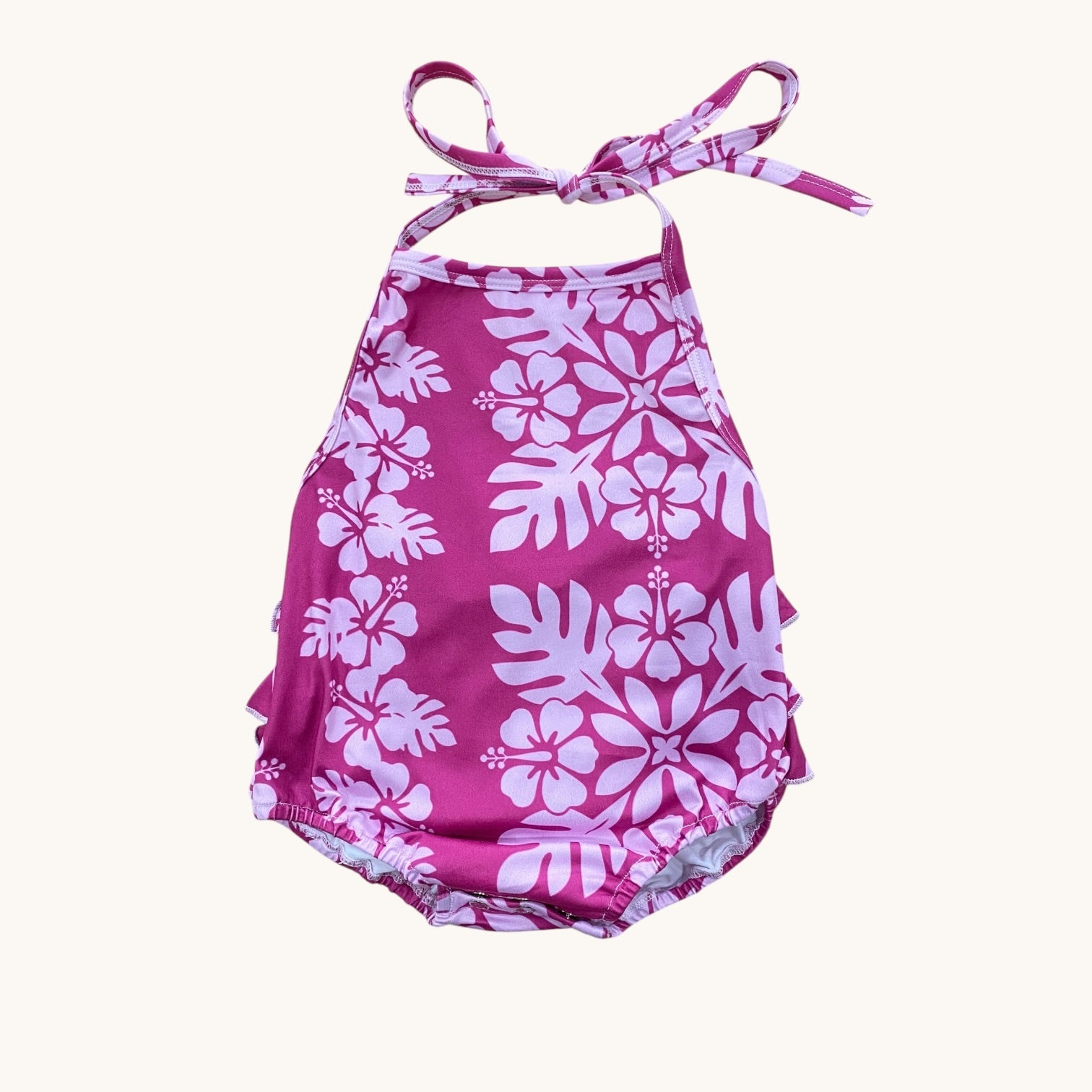 Plum Hibiscus Quilt Ruffle Halter Romper - Sweet Sweet Honey Hawaii