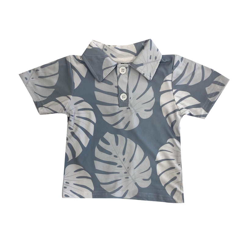 Grey Monstera Collared Shirt (12/18M to 6T) - Sweet Sweet Honey Hawaii