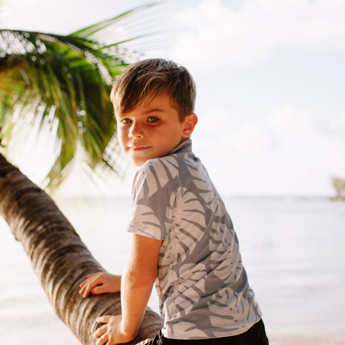 Grey Monstera Collared Shirt (12/18M to 10) - Sweet Sweet Honey Hawaii