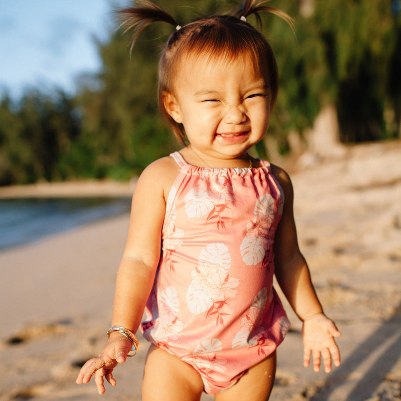 Pink mauve Hibiscus Halter Romper (6/12M to 18/24M) - Sweet Sweet Honey Hawaii