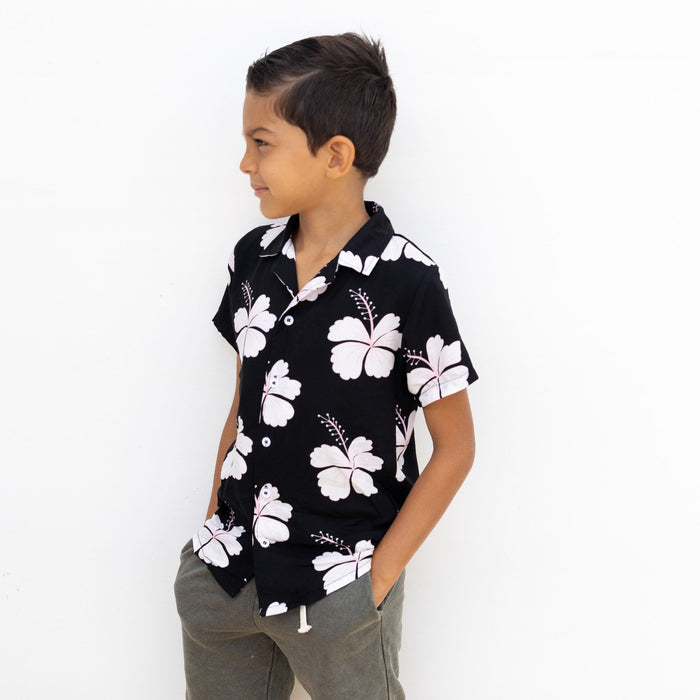 Midnight Hibiscus Button down Collared Shirt - Sweet Sweet Honey Hawaii