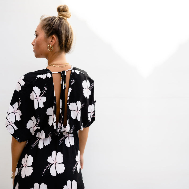 Midnight Hibiscus Sleeved Maxi Dress - Sweet Sweet Honey Hawaii