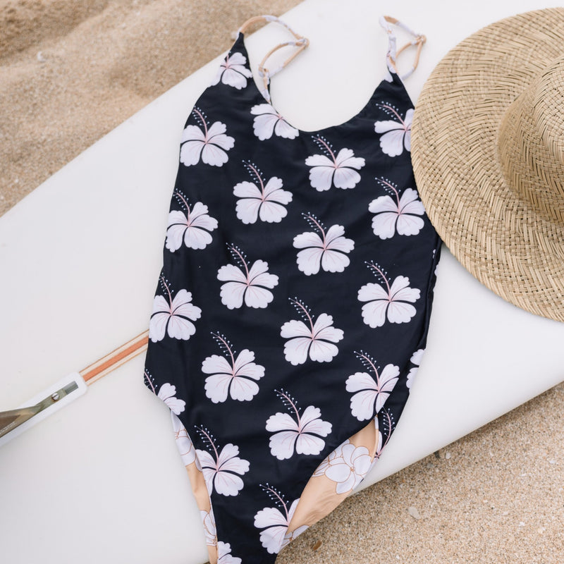 Midnight Hibiscus/Sandy Gardenia One piece Reversible Bikini - Sweet Sweet Honey Hawaii