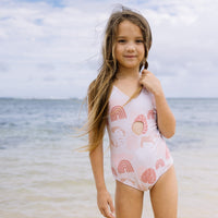 Rainbow Monstera/ Peachy Pua Peek-a-Boo reversible Swimsuit - Sweet Sweet Honey Hawaii
