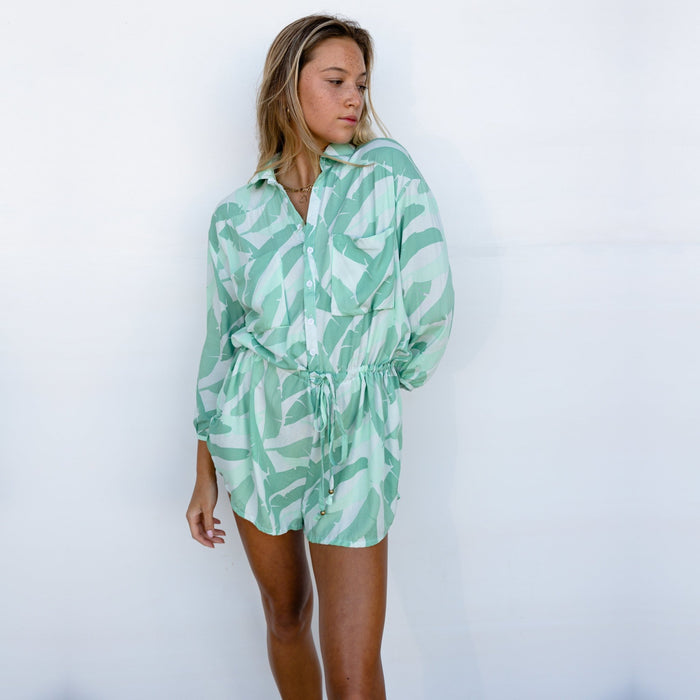 Women's Banana Leaf Collared Romper - Sweet Sweet Honey Hawaii